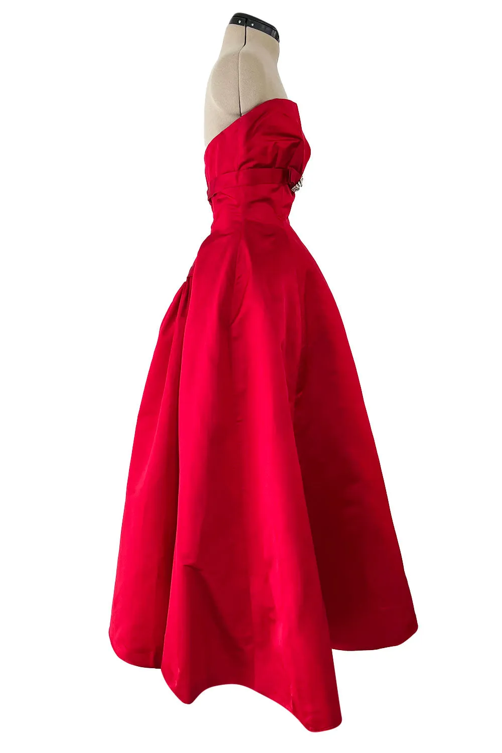Late 1940s, Early 1950s Strapless Red Silk Satin Full Skirt Dress w Rhinestone Detailing