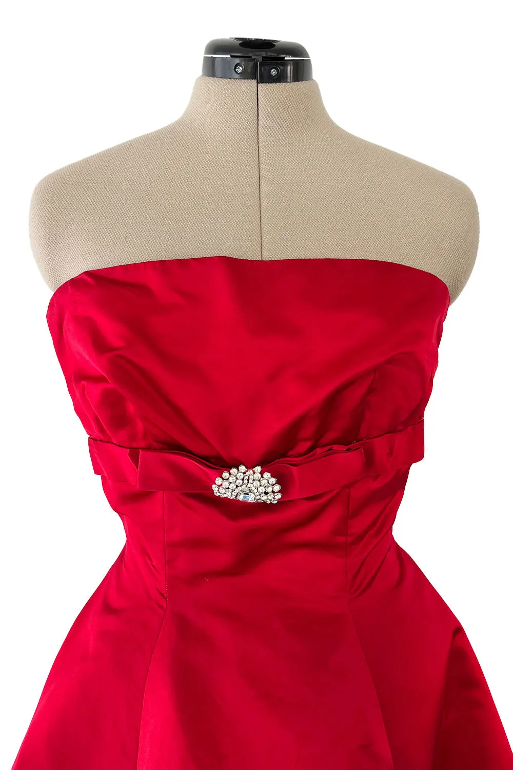 Late 1940s, Early 1950s Strapless Red Silk Satin Full Skirt Dress w Rhinestone Detailing