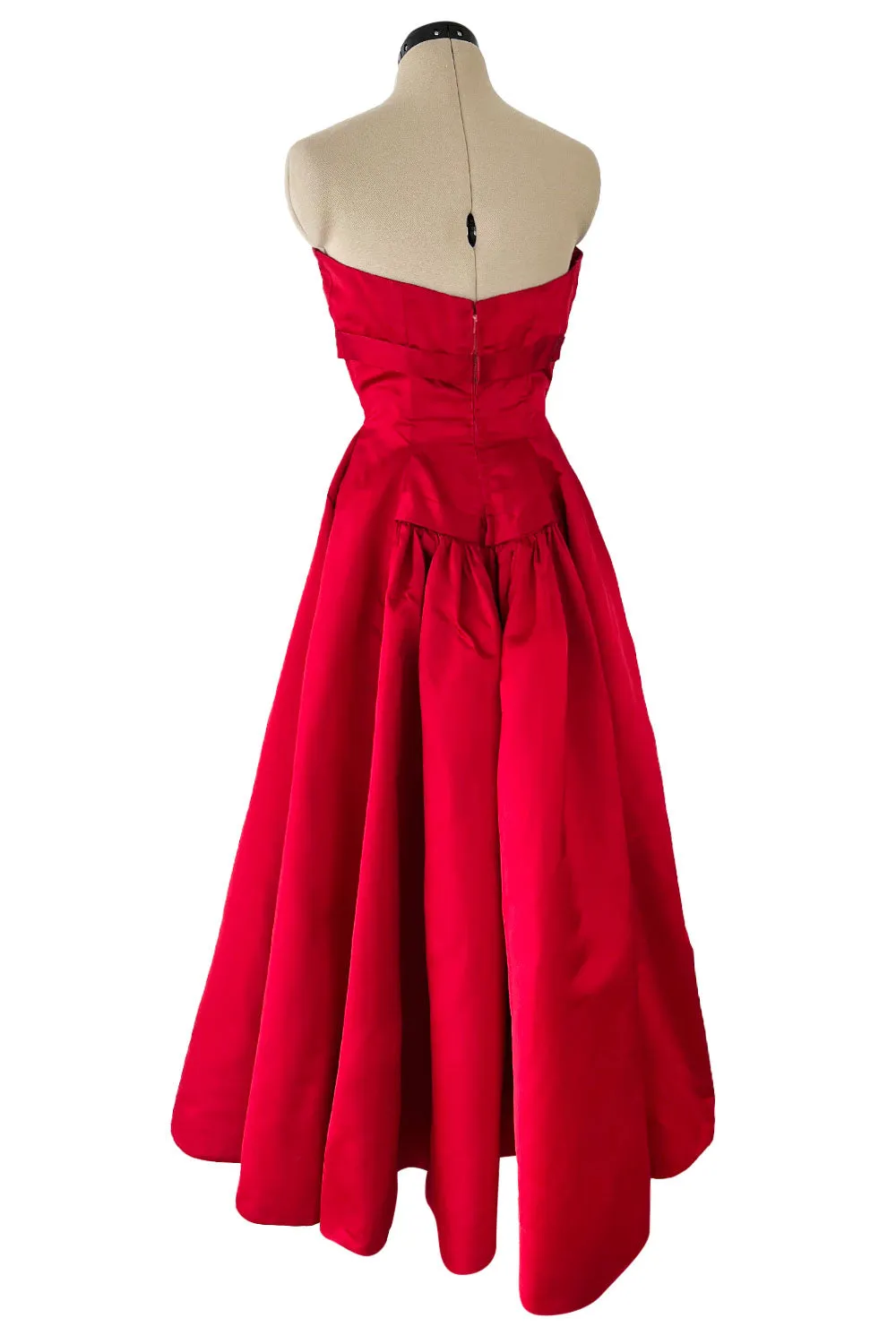 Late 1940s, Early 1950s Strapless Red Silk Satin Full Skirt Dress w Rhinestone Detailing