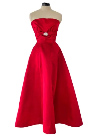 Late 1940s, Early 1950s Strapless Red Silk Satin Full Skirt Dress w Rhinestone Detailing
