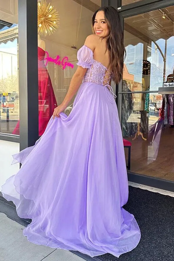 Lavender Chiffon Sweetheart Neck Lace Long Prom Dresses, Party Dresses, MP795