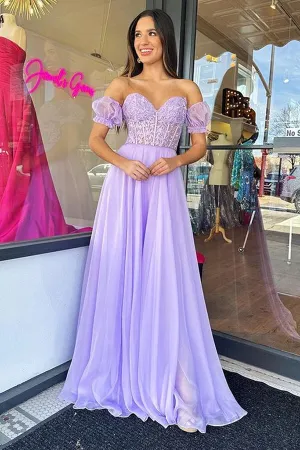 Lavender Chiffon Sweetheart Neck Lace Long Prom Dresses, Party Dresses, MP795