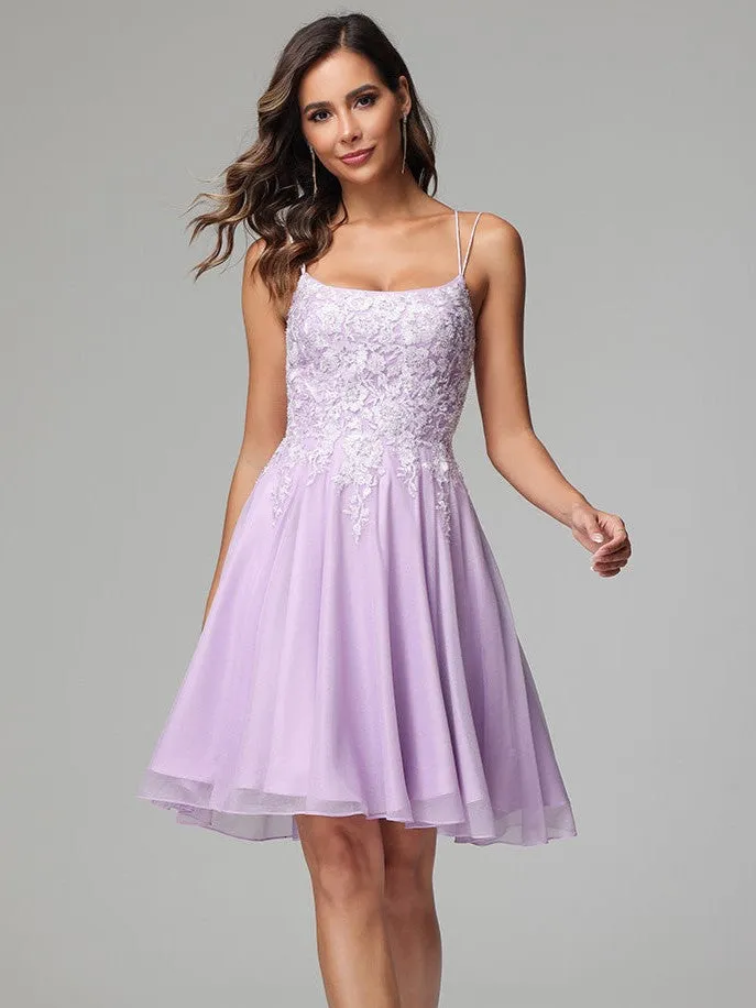 Lilac A-line Spaghetti Straps Short Homecoming Dress with Appliques