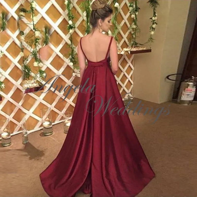 Long Prom Dresses Burgundy Satin V-Neck Chapel Train
