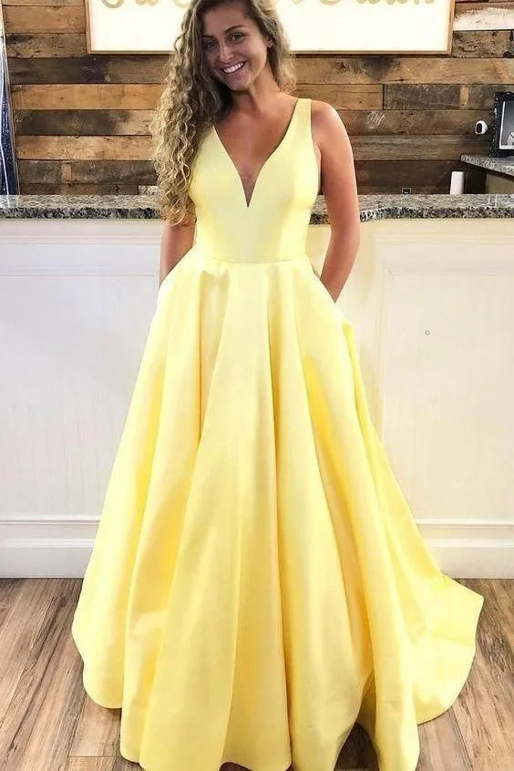 Long Satin Yellow Dress Prom with V-neckline vestido de baile