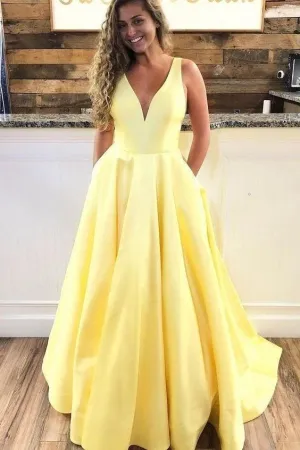 Long Satin Yellow Dress Prom with V-neckline vestido de baile