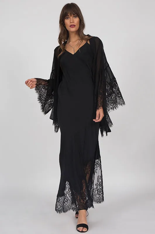 Long Silk Lace Slip Dress Black