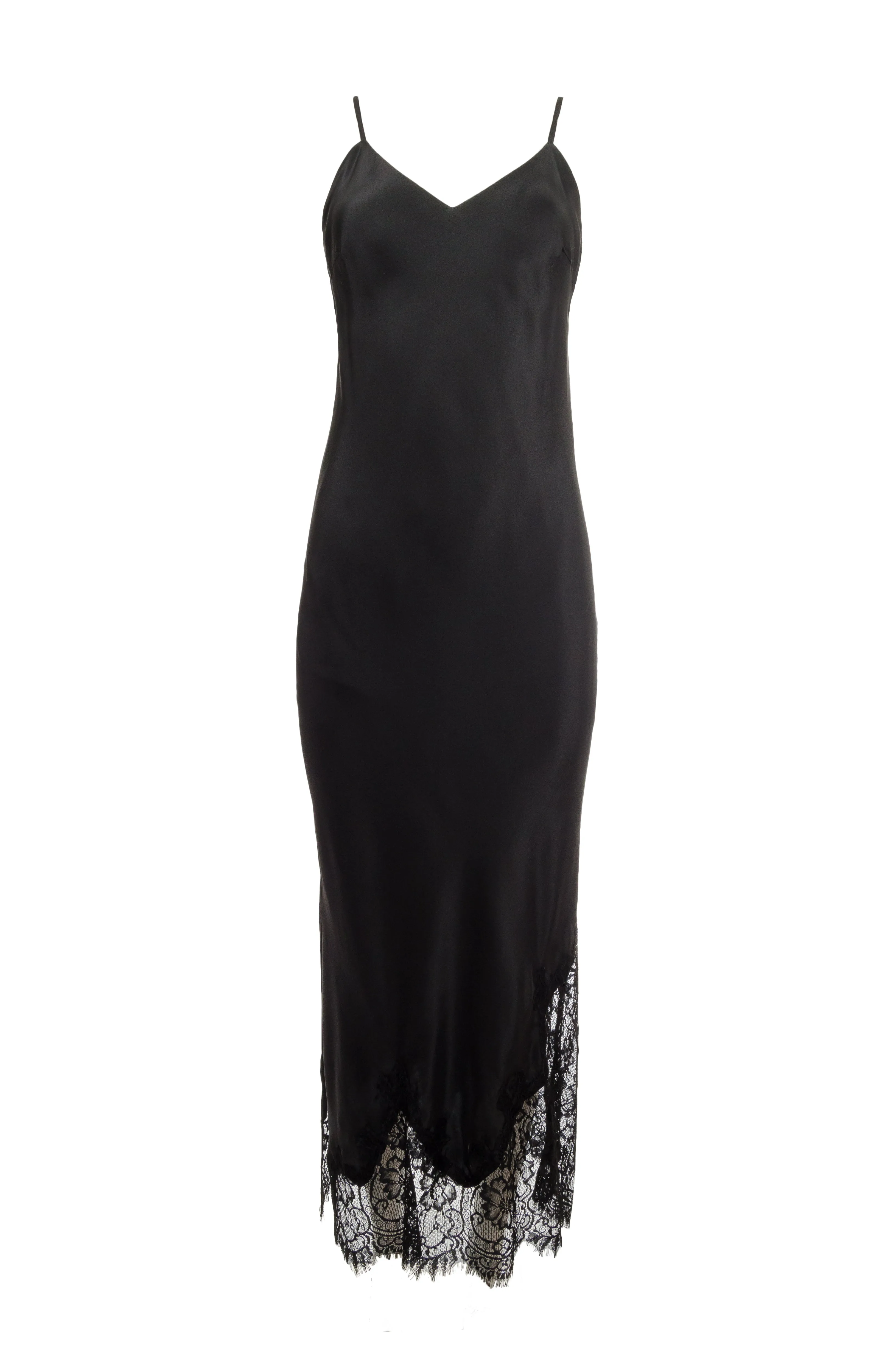 Long Silk Lace Slip Dress Black