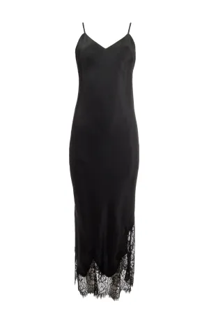 Long Silk Lace Slip Dress Black