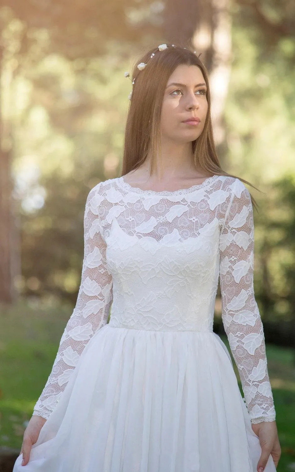Long Sleeve Chiffon Lace Weddig Dress-712388