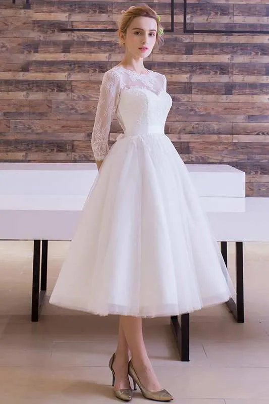 Long Sleeve Jewel Neck Pleated Tea Length Lace Dress-714845