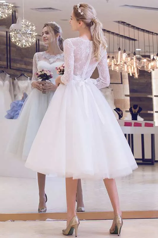 Long Sleeve Jewel Neck Pleated Tea Length Lace Dress-714845