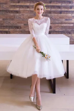 Long Sleeve Jewel Neck Pleated Tea Length Lace Dress-714845