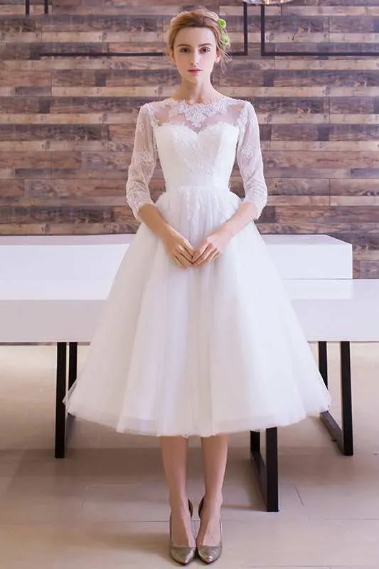 Long Sleeve Jewel Neck Pleated Tea Length Lace Dress-714845