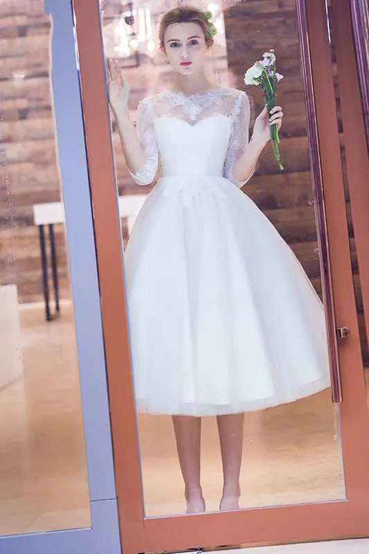 Long Sleeve Jewel Neck Pleated Tea Length Lace Dress-714845