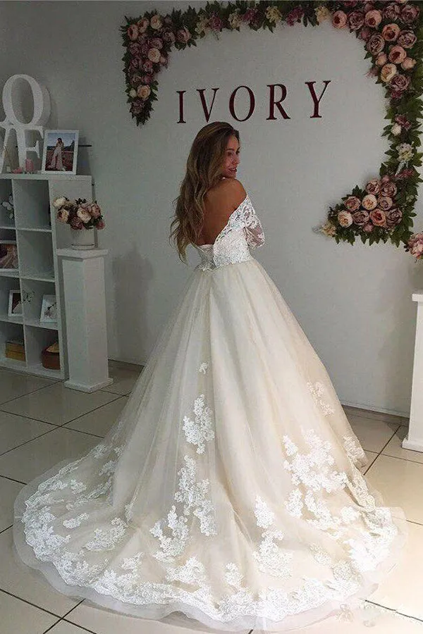Long Sleeve Off the Shoulder V Neck A Line with Appliques Bridal Gowns-715320