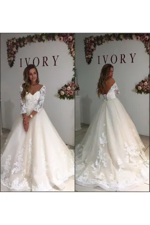 Long Sleeve Off the Shoulder V Neck A Line with Appliques Bridal Gowns-715320