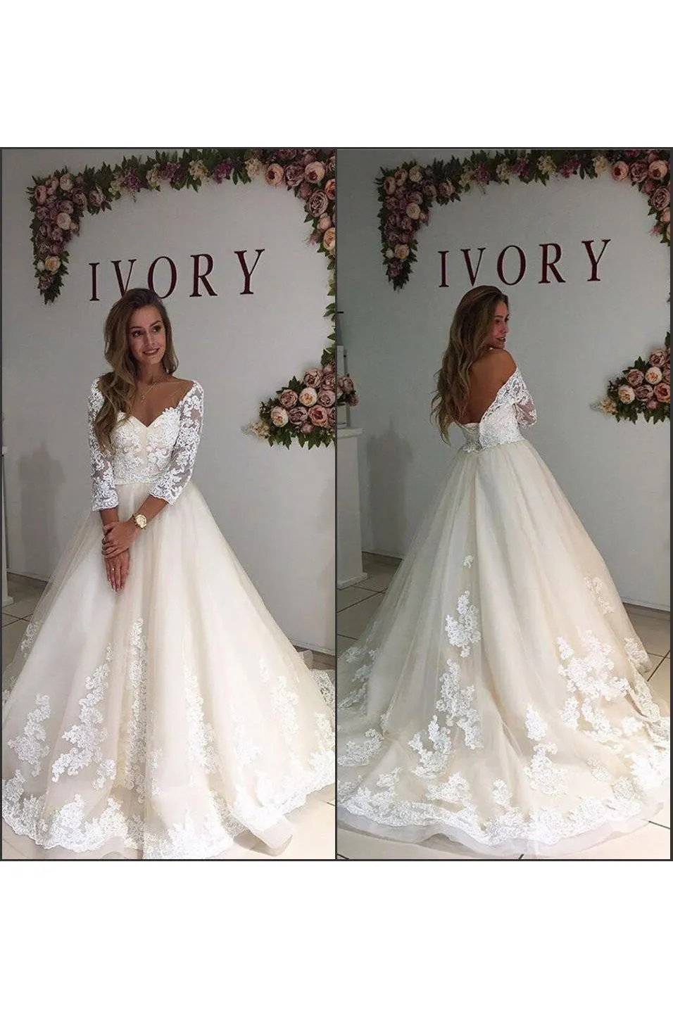 Long Sleeve Off the Shoulder V Neck A Line with Appliques Bridal Gowns-715320