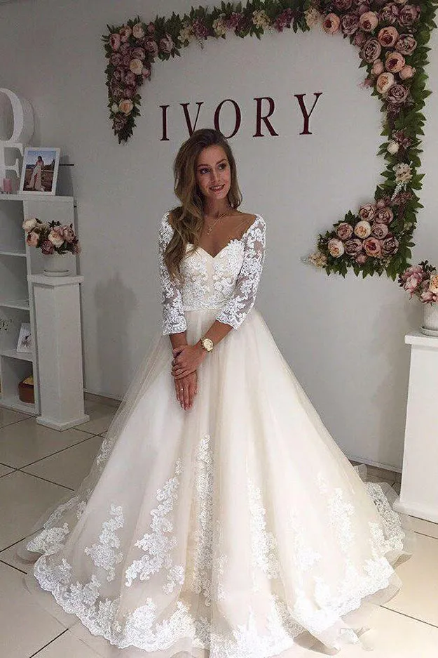 Long Sleeve Off the Shoulder V Neck A Line with Appliques Bridal Gowns-715320