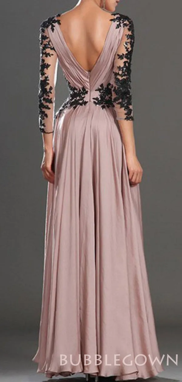 Long Sleeves Dusty Pink Chiffon Lace Long A-line Prom Dresses, MR8048