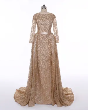 Long Sleeves Sequin Gold Mermaid Prom Dress