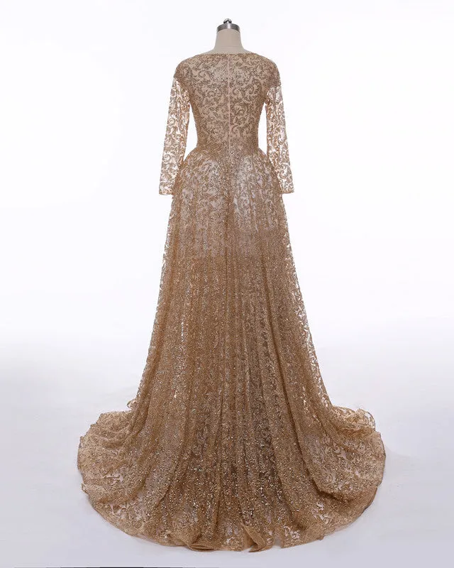 Long Sleeves Sequin Gold Mermaid Prom Dress