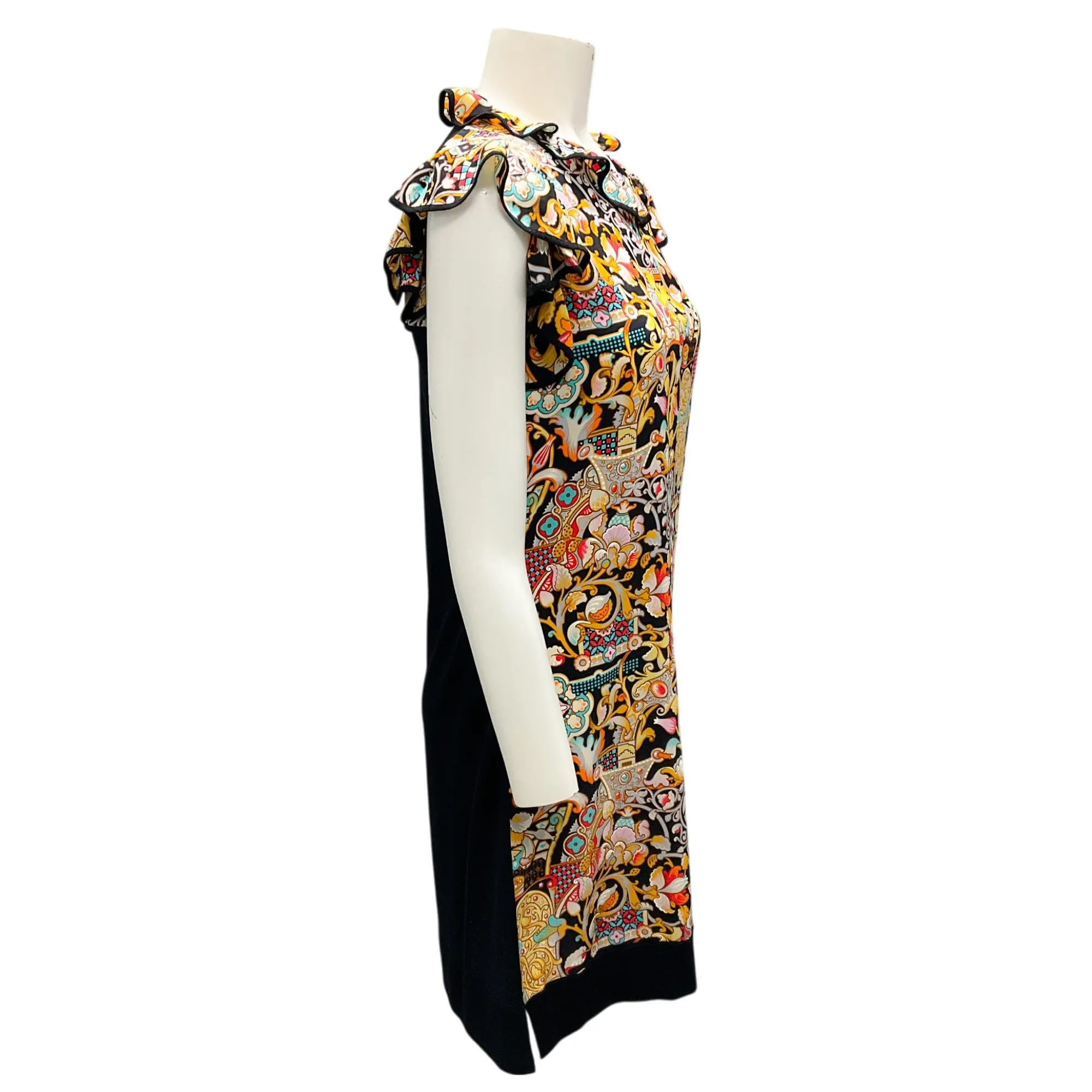 Louis Vuitton Black / Gold Multi Printed Silk Crepe and Wool Knit Dress