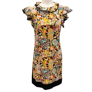 Louis Vuitton Black / Gold Multi Printed Silk Crepe and Wool Knit Dress