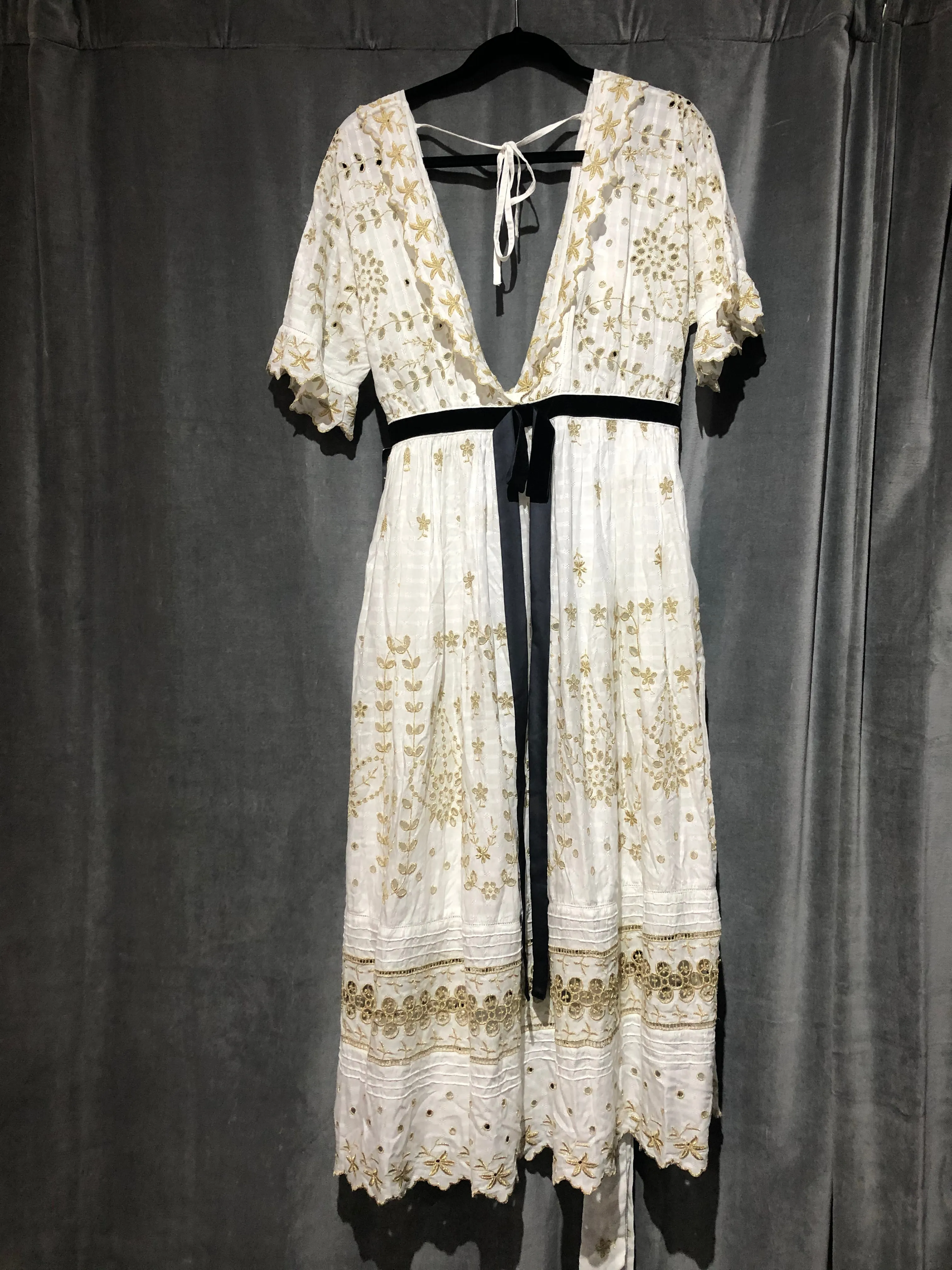 Love Shack Fancy "Augusta" White and Gold Sparkle Short Sleeve Midi Lace Dress with velvet black belt