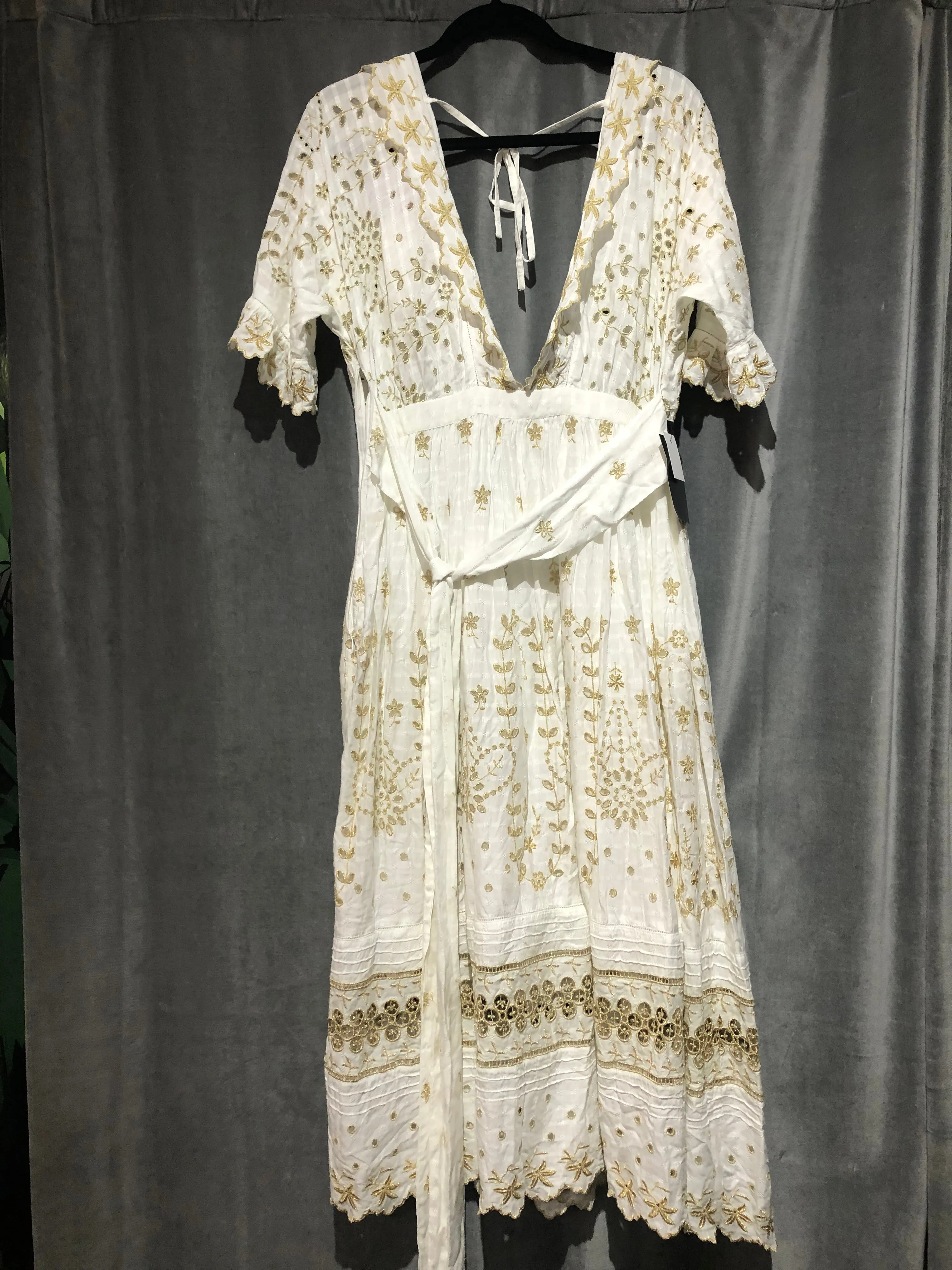 Love Shack Fancy "Augusta" White and Gold Sparkle Short Sleeve Midi Lace Dress with velvet black belt