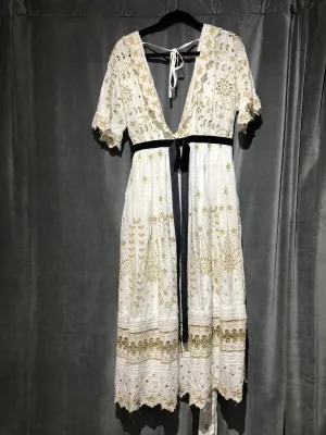Love Shack Fancy "Augusta" White and Gold Sparkle Short Sleeve Midi Lace Dress with velvet black belt