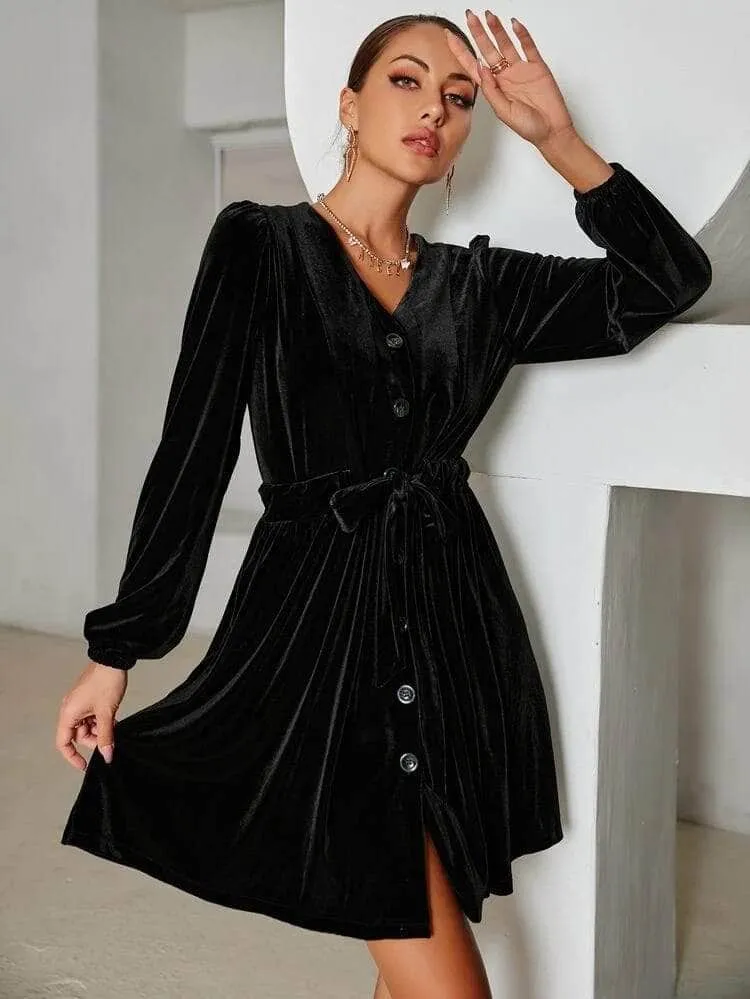 LT Fuse Button Detail Velvet LTFUDR180 Stitched Dress