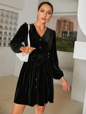 LT Fuse Button Detail Velvet LTFUDR180 Stitched Dress