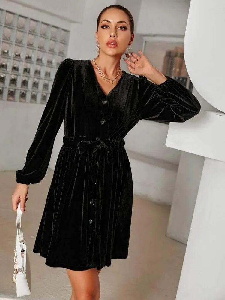 LT Fuse Button Detail Velvet LTFUDR180 Stitched Dress
