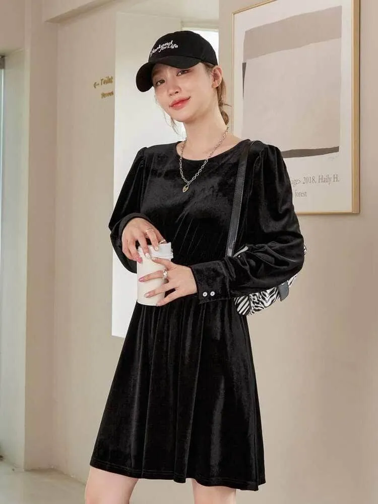 LT Fuse Button Detail Velvet LTFUDR181 Stitched Dress