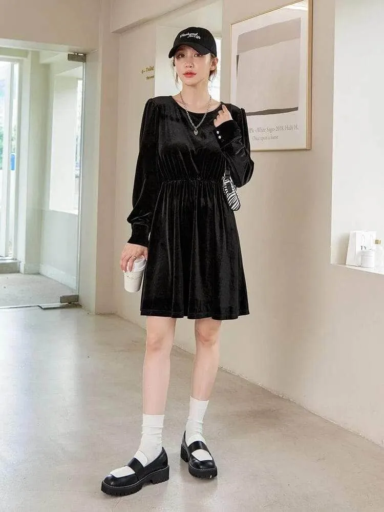 LT Fuse Button Detail Velvet LTFUDR181 Stitched Dress