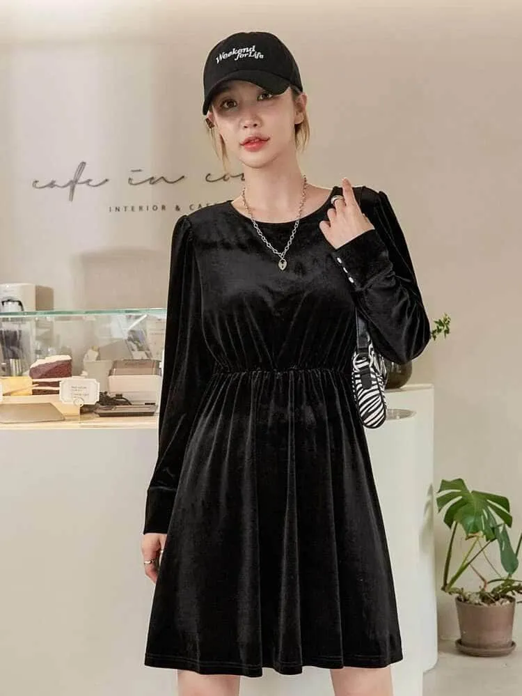 LT Fuse Button Detail Velvet LTFUDR181 Stitched Dress