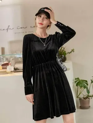LT Fuse Button Detail Velvet LTFUDR181 Stitched Dress