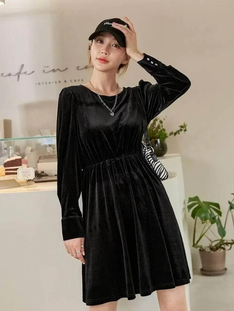 LT Fuse Button Detail Velvet LTFUDR181 Stitched Dress