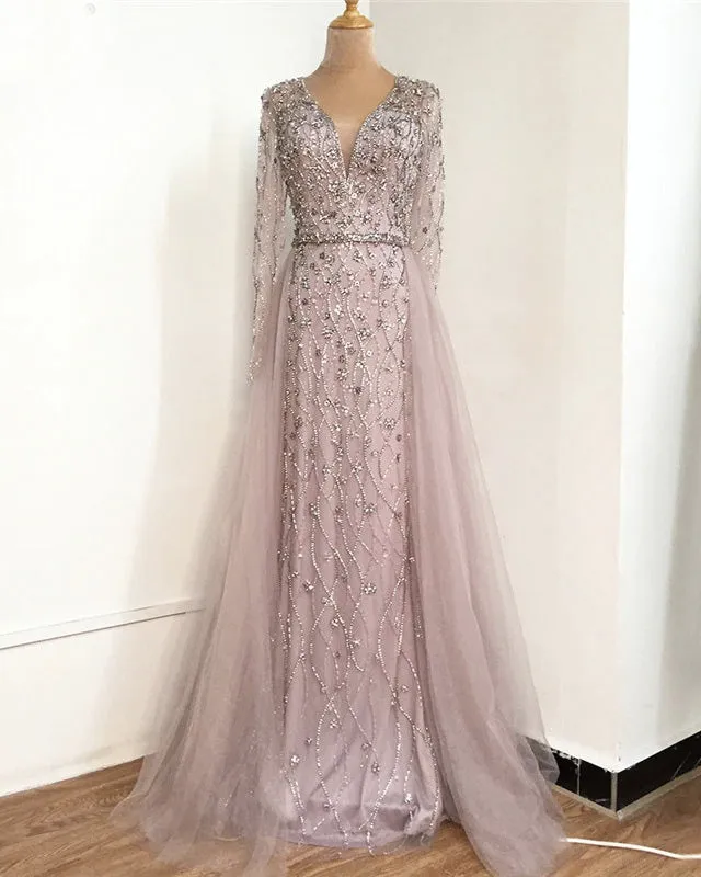 Luxurious V-Neck Gray Evening Gowns 2021 Long Sleeves Diamond Beaded Mermaid Formal Dress AW70341