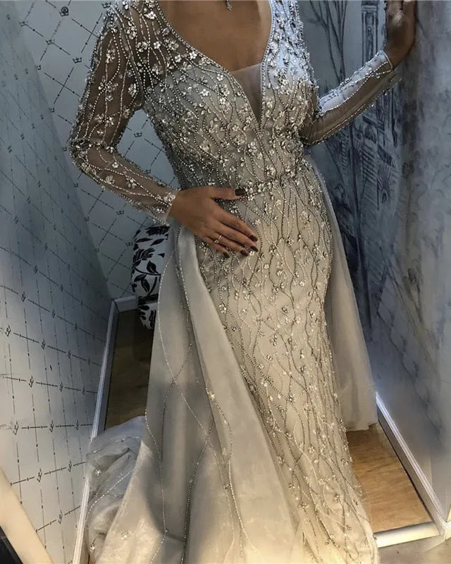Luxurious V-Neck Gray Evening Gowns 2021 Long Sleeves Diamond Beaded Mermaid Formal Dress AW70341
