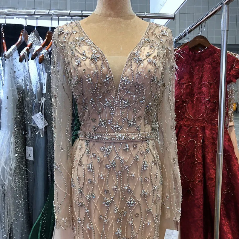 Luxurious V-Neck Gray Evening Gowns 2021 Long Sleeves Diamond Beaded Mermaid Formal Dress AW70341