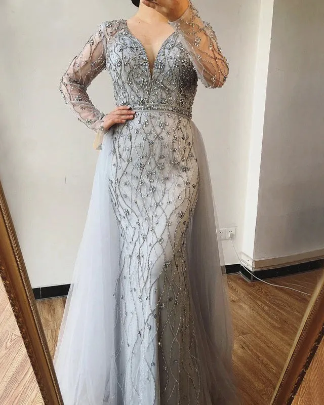 Luxurious V-Neck Gray Evening Gowns 2021 Long Sleeves Diamond Beaded Mermaid Formal Dress AW70341