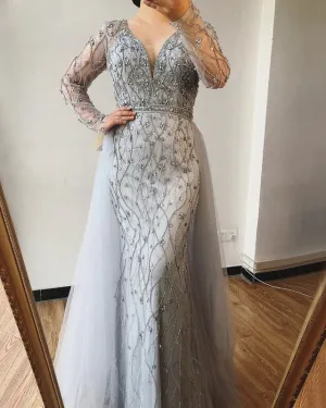 Luxurious V-Neck Gray Evening Gowns 2021 Long Sleeves Diamond Beaded Mermaid Formal Dress AW70341