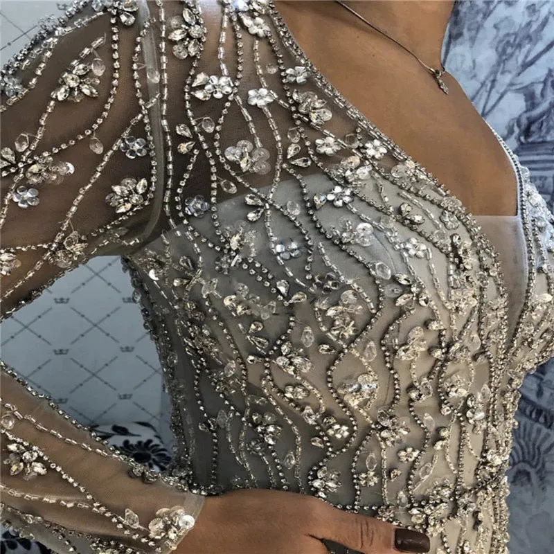 Luxurious V-Neck Gray Evening Gowns 2021 Long Sleeves Diamond Beaded Mermaid Formal Dress AW70341