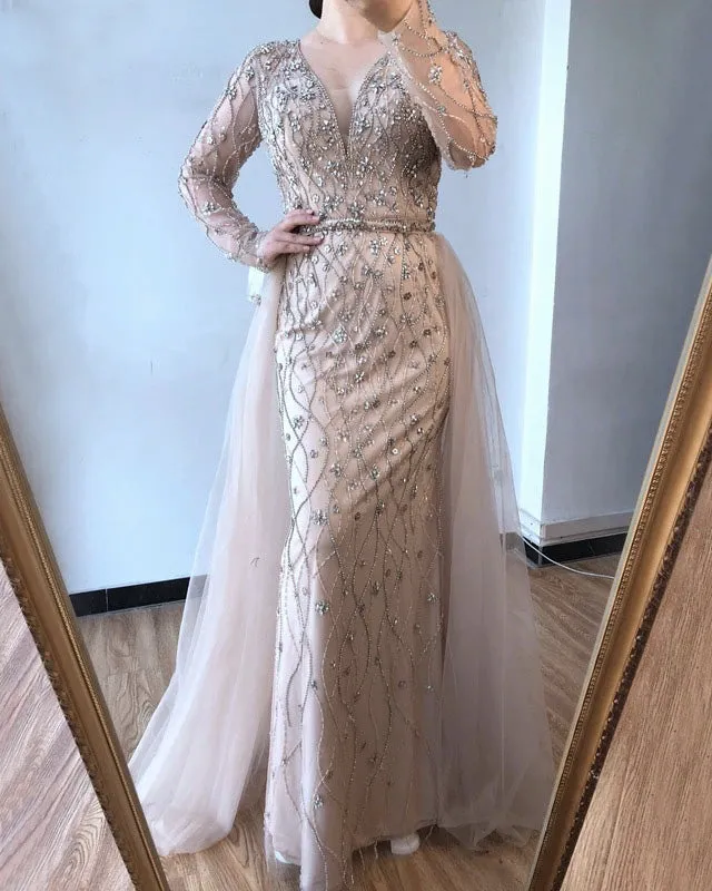 Luxurious V-Neck Gray Evening Gowns 2021 Long Sleeves Diamond Beaded Mermaid Formal Dress AW70341