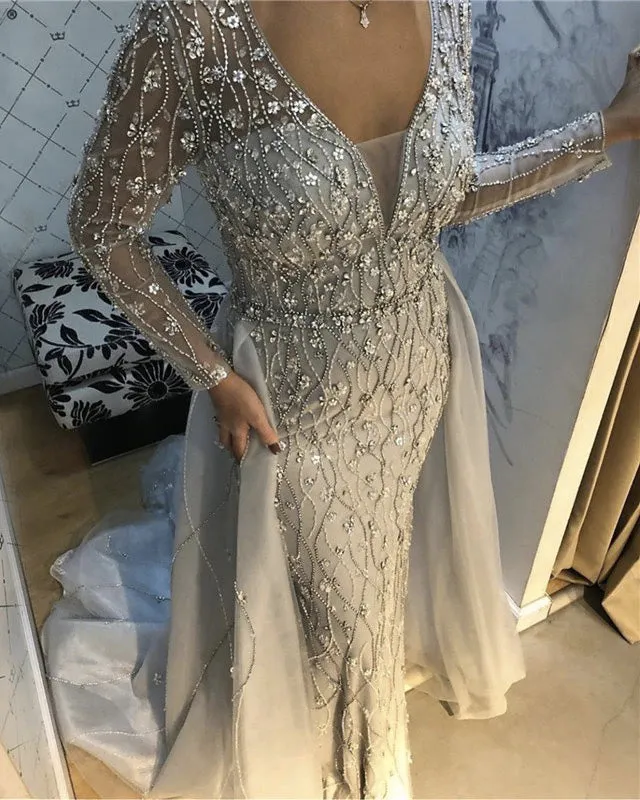 Luxurious V-Neck Gray Evening Gowns 2021 Long Sleeves Diamond Beaded Mermaid Formal Dress AW70341