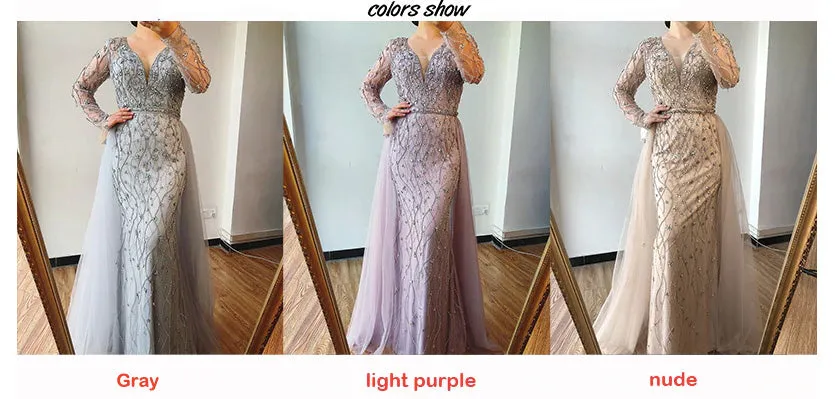 Luxurious V-Neck Gray Evening Gowns 2021 Long Sleeves Diamond Beaded Mermaid Formal Dress AW70341