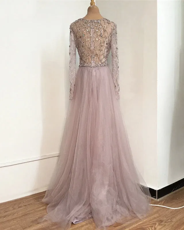 Luxurious V-Neck Gray Evening Gowns 2021 Long Sleeves Diamond Beaded Mermaid Formal Dress AW70341