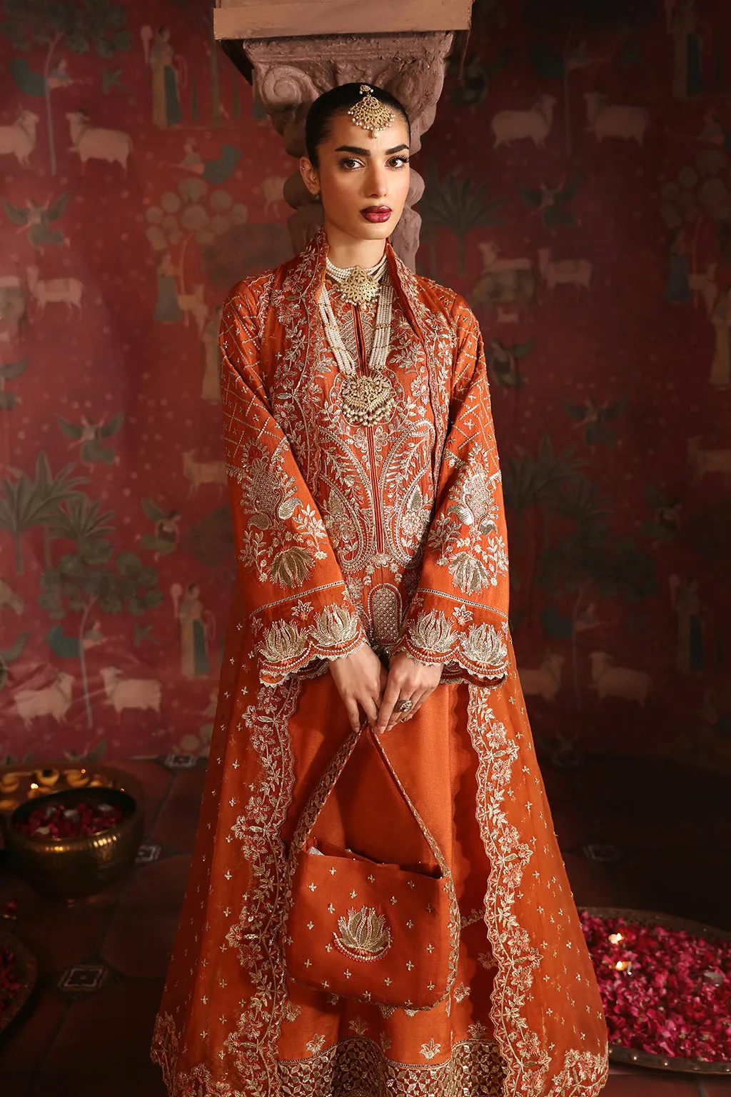 Luxury Orange Embroidered Pakistani Wedding Dress Kameez Sharara
